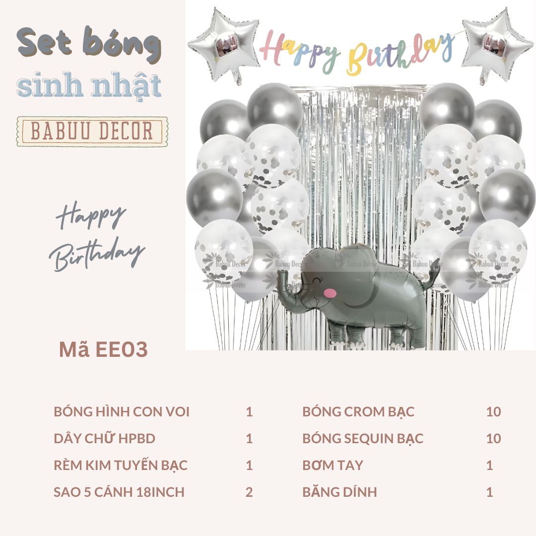 Set trang trí sinh nhật chủ đề voi dễ thương EE03