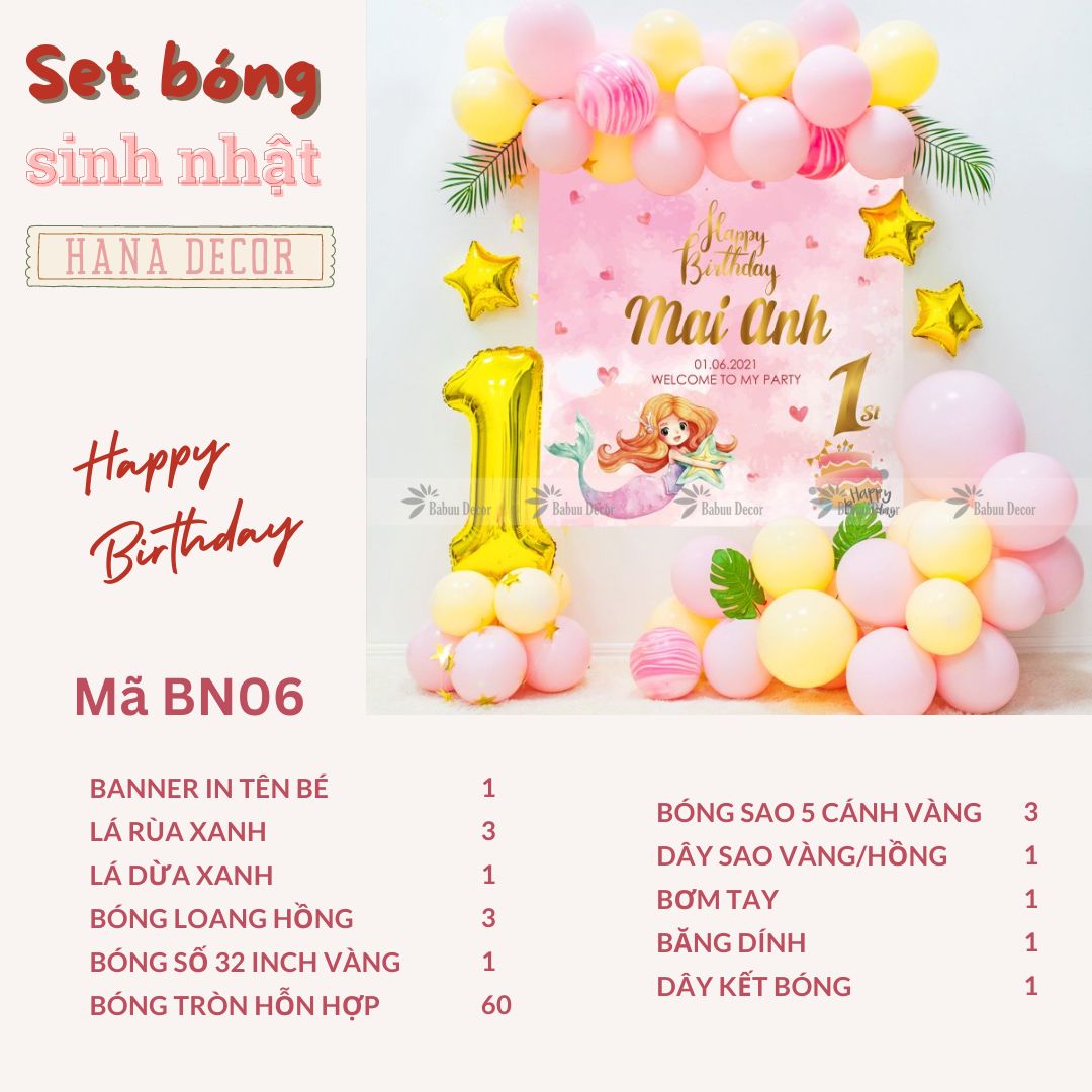 Set bóng trang trí sinh nhật bé gái màu hồng BN06