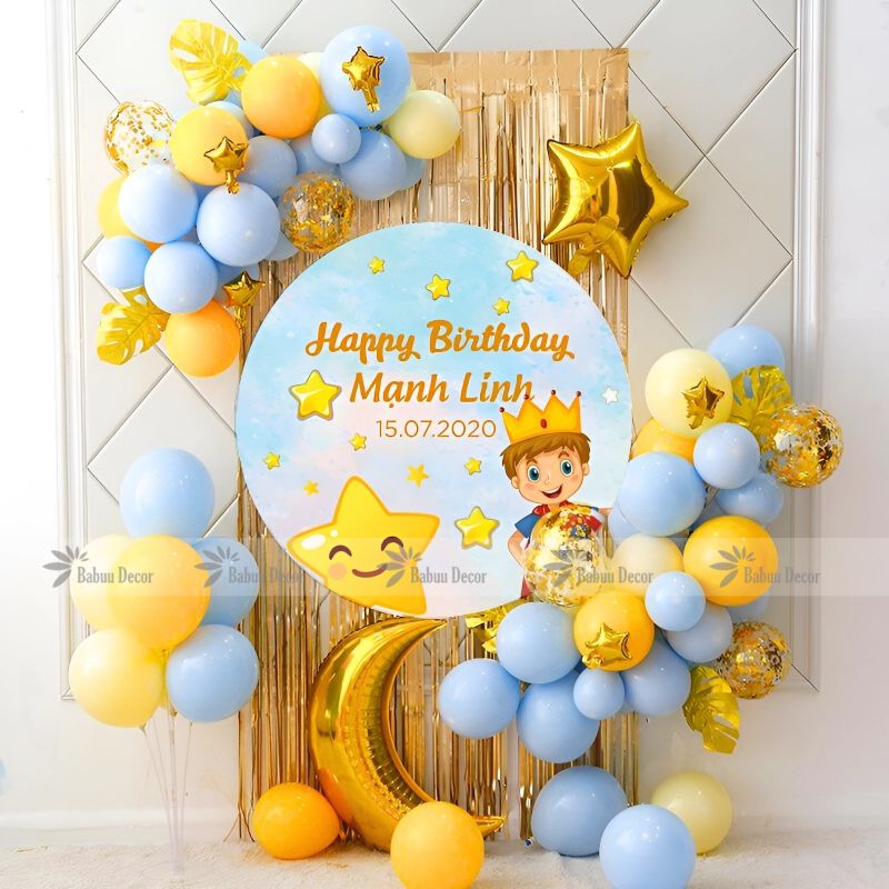 Set trang trí sinh nhật bé trai tone xanh vang