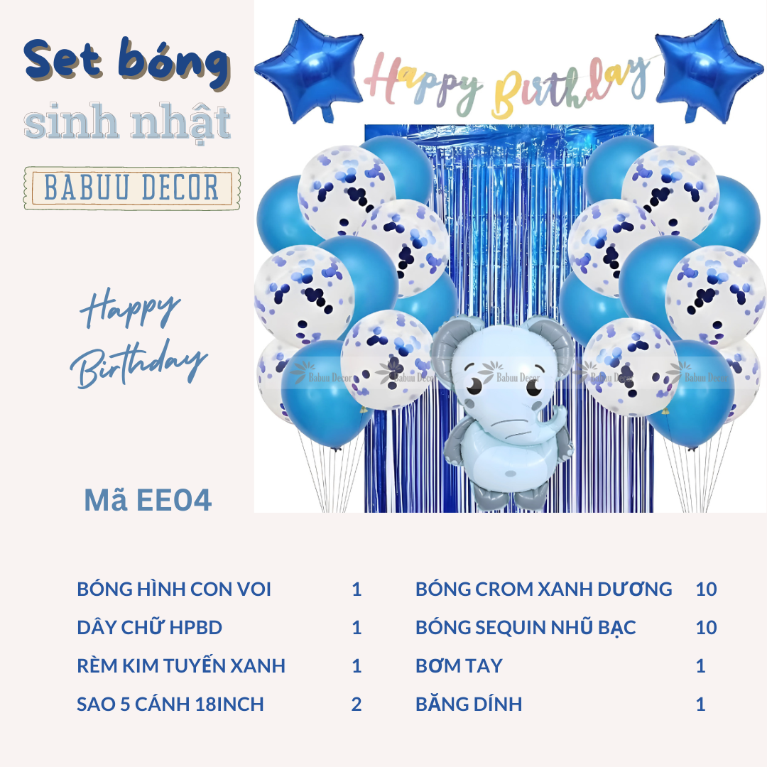 set trang trí sinh nhật chủ đề voi dễ thươngEE04