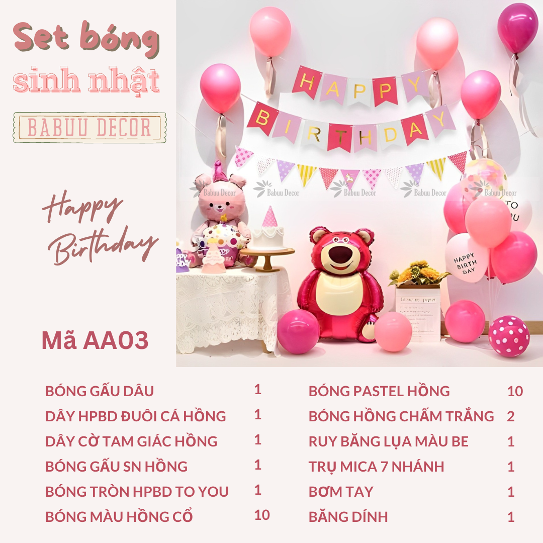 Set trang trí sinh nhật màu hồng cho bé gái AA03